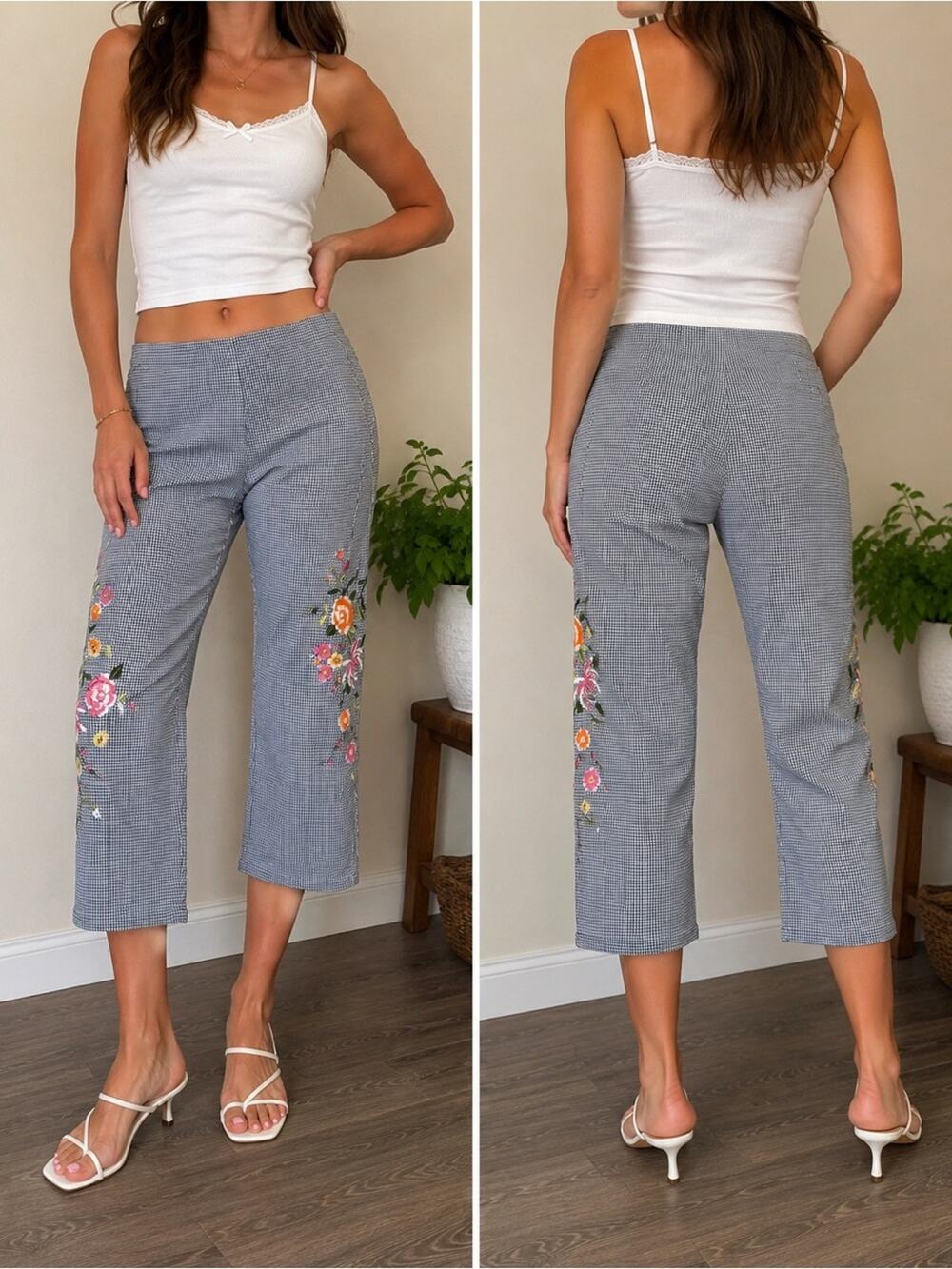 Y2K Black White Gingham Capri Pants Floral Embroidered Cropped Womens Size 10